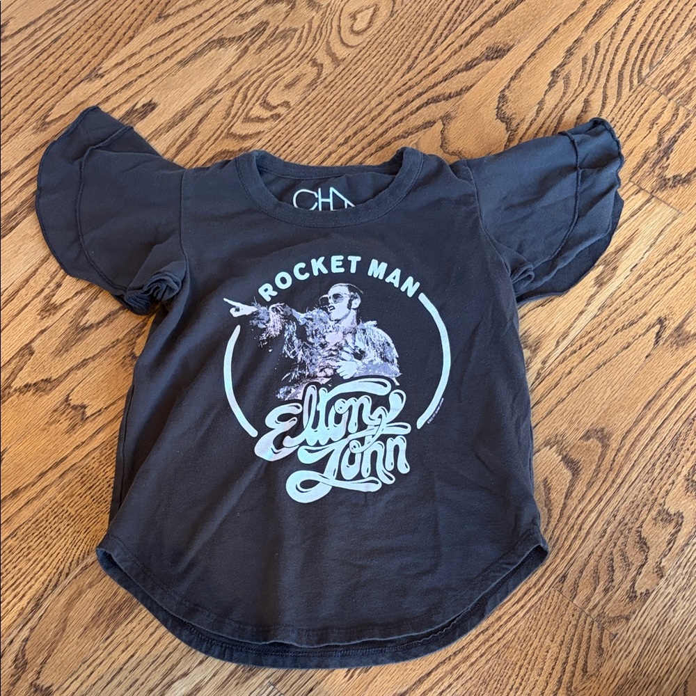 Chaser Black Rocket Man Elton John Graphic Ruffle Sleeve Tee
